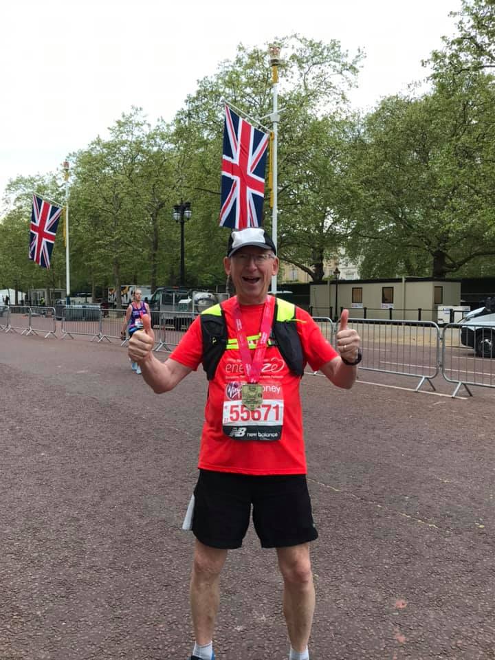 Paul after crossing finish line at London marathon